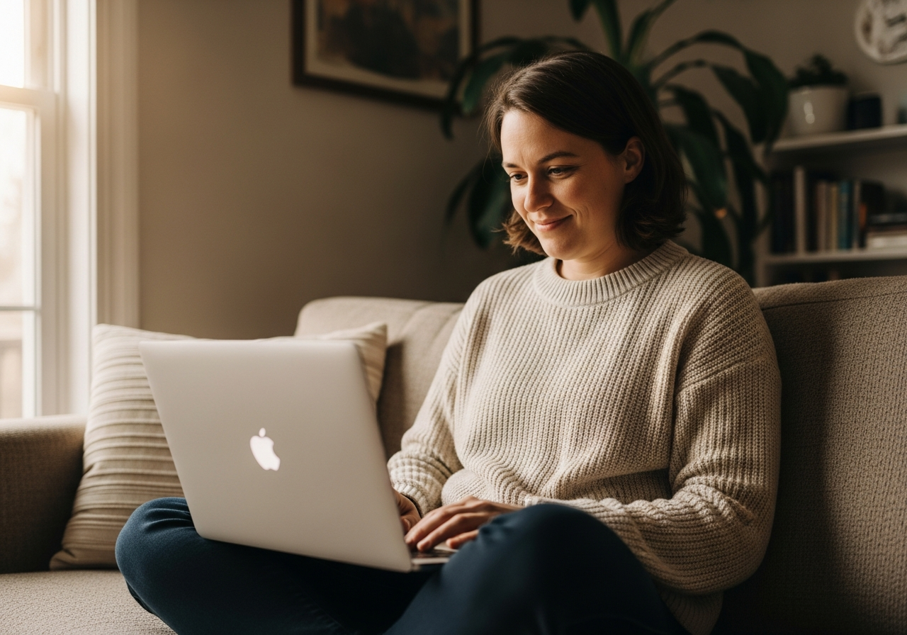 A person sitting comfortably on a couch with a laptop, looking relaxed in soft window light